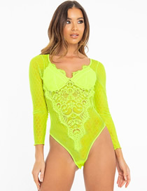 Fashion Fluorescent Green Lace Flower Stitching Jumpsuit