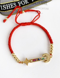 Fashion Red Copper Inlaid Zircon Braided Rope Beaded Moon Bracelet