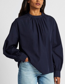 Fashion Navy Cotton High Collar Pleated Top
