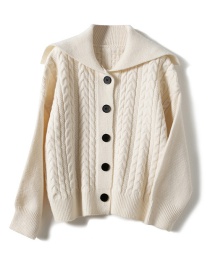 Fashion Creamy-white Navy Collar Twist Knit Cardigan