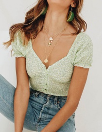 Fashion Green Floral Print Puff Sleeve Turtleneck Top
