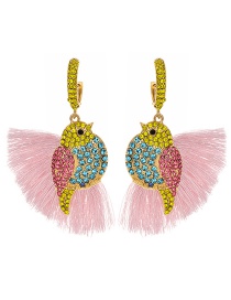 Fashion Pink + Yellow Alloy Diamond-studded Bird Tassel Earrings