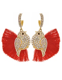 Fashion Red + Ab Alloy Diamond-studded Bird Tassel Earrings