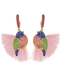 Fashion Pink + Brick Red Alloy Diamond-studded Bird Tassel Earrings