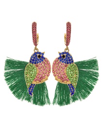 Fashion Green + Brick Red Alloy Diamond-studded Bird Tassel Earrings