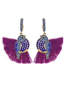 Fashion Purple + Blue Alloy Diamond-studded Bird Tassel Earrings