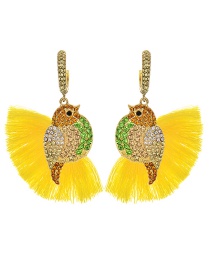 Fashion Yellow + Orange Alloy Diamond-studded Bird Tassel Earrings