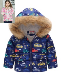 Fashion Blue-colored Car Printed Hooded Children's Cotton Coat