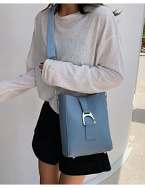 Fashion Blue Pu One Shoulder Slung Bucket Pull Buckle Bag