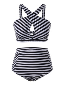 Fashion Stripe Printed Striped High Waist Split Swimsuit