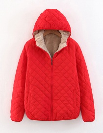 Fashion Big Red Checked Lamb Hooded Hooded Padded Coat