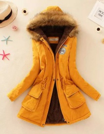 Fashion Yellow Thickened Hooded Long Fur Collar Lamb Fluffy Drawstring Cotton Coat