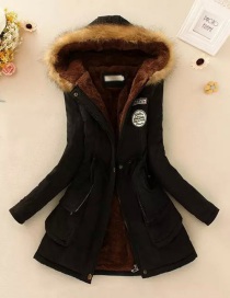 Fashion Black Thickened Hooded Long Fur Collar Lamb Fluffy Drawstring Cotton Coat