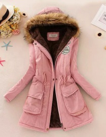 Fashion Bright Pink Thickened Hooded Long Fur Collar Lamb Fluffy Drawstring Cotton Coat