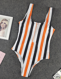 Fashion Orange Striped Zipper Halter One-piece Swimsuit