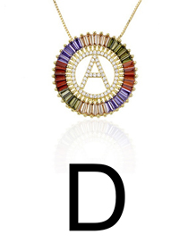 Fashion D Gold Colorful English Alphabet Gold-plated Round Zircon Necklace