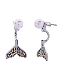 Fashion Diamond-tailed Fishtail White Gold Crystal Diamond Drop Pearl Earrings