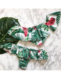 Fashion Green Leaves Ruffled Printed Bikini