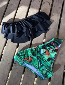 Fashion Black Green Trousers High Waist Multi-layer Ruffled Printed Bikini