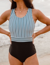 Fashion Blue Stripe Black Pants Printed Vest Halter Straps One-piece Swimsuit