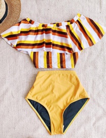 Fashion Striped Yellow One-shoulder Ruffled Printed High-waist Bikini