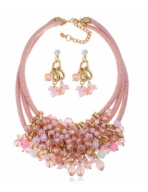 Fashion Pink Gemstone Multilayer Necklace + Diamond Earring Set