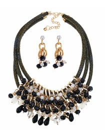 Fashion Black Gemstone Multilayer Necklace + Diamond Earring Set