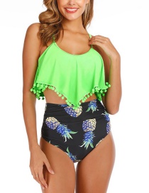 Fashion Fluorescent Green Hair Ball Large Lotus Leaf Print Split Swimsuit