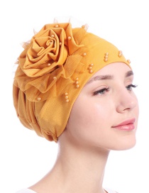 Fashion Turmeric Side Flower Mesh Gauze Lace Edging Beaded Head Cap Pure