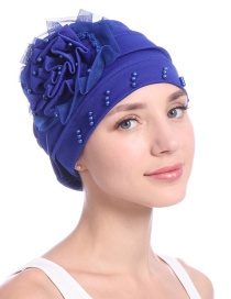 Fashion Sapphire Side Flower Mesh Gauze Lace Edging Beaded Head Cap Pure