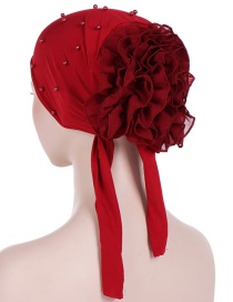 Fashion Wine Red Panhua Beaded Large Flower Headscarf Cap