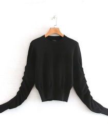 Fashion Black Round Neck Pleated Knit Sweater