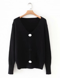 Fashion Black Button V-neck Sweater