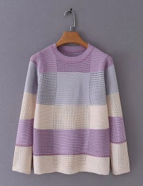 Fashion Purple Colorblock Round Neck Long Sleeve Sweater
