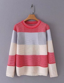 Fashion Red Colorblock Round Neck Long Sleeve Sweater