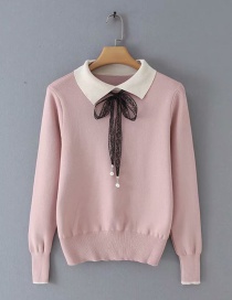 Fashion Pink Lapel Lace-up Sweater