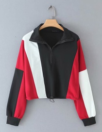 Fashion Red Wine Colorblock Zippered Sweater