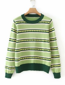 Fashion Green Heart-stitch Striped Color Round Neck Sweater