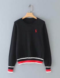 Fashion Black Embroidered Color Crew Neck Sweater