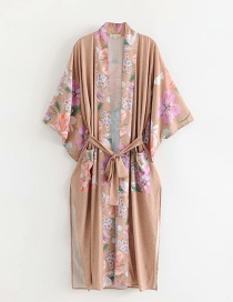 Fashion Khaki Flower Printed Holiday Kimono Jacket Top