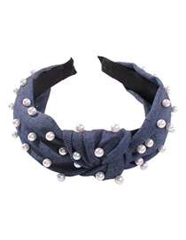 Fashion Navy Blue Denim Pearl Knotted Headband