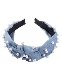 Fashion Light Blue Denim Pearl Knotted Headband