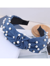 Fashion Navy Blue Nail Pearl Denim Fabric Knotted Headband