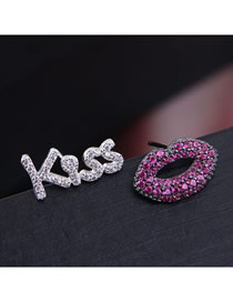 Fashion Silver + Rose Red Letter Lips Asymmetric Earrings