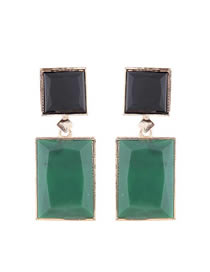 Fashion Black + Green Metal Geometric Square Earrings
