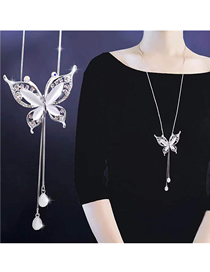 Fashion Silver Metal Flash Drill Butterfly Drop Necklace