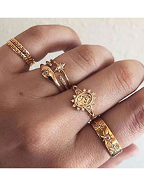 Fashion Golden Sunflower Geometric Figure Ring Set With Diamonds
