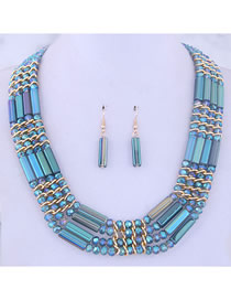 Fashion Blue Metal Crystal Bead Contrast Necklace Earring Set