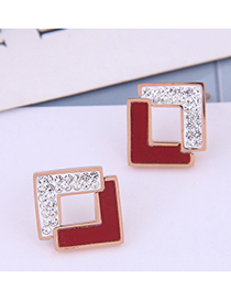 Fashion Red Solid Geometric Square Diamond Stud Earrings