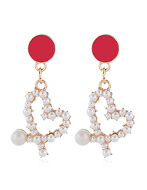 Fashion Red Irregular Heart Pierced Earrings With Pearl Drop Oil